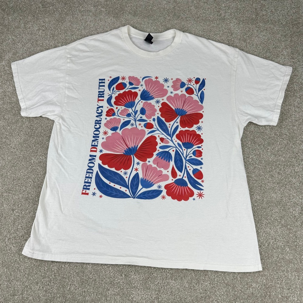 FDT Freedom Democracy Truth Floral Graphic T-Shirt XL White Cotton Folk Art